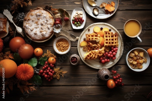 Autumn Family Brunch Set on Rustic Table for Thanksgiving. Top View with Copy Space for Breakfast and Meal Eating with Halloween Food