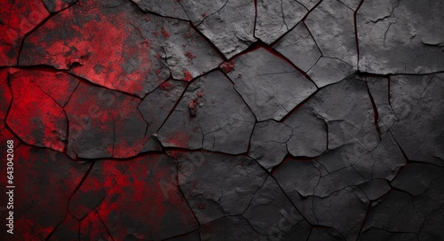 Cracked Metal Texture Background: Rustic Black Anthracite with Red Abstract Frame for Text. Peeling and Exfoliated Painted Grey Metal Texture