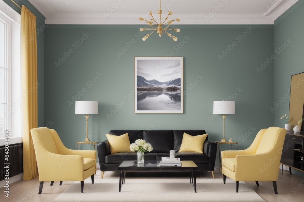 Interior mockup with picture frame on a Wall. Living room with sofa and painting on a wall 3D render. Interior mockup with picture frame on a Wall. Living room with sofa and painting on a wall 3D render.
