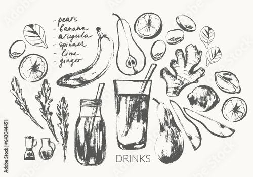 Hand drawn summer pear banana smoothie recipe illustration