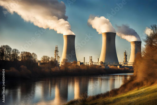 a nuclear power plant at a riverside - generative ai