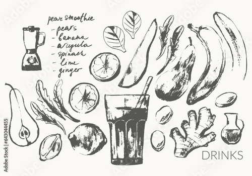 Hand drawn summer pear banana smoothie recipe illustration