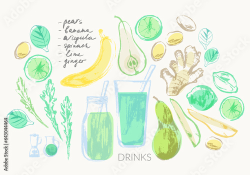 Hand drawn summer pear banana smoothie recipe illustration