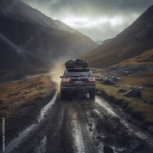 a car driving down a dirt road in the middle of mountains, with fog and rain coming on the ground