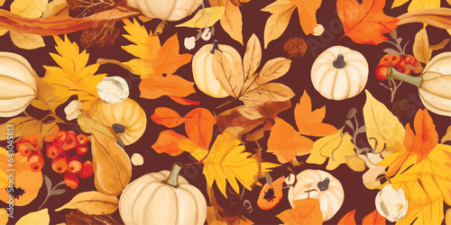 Autumn seamless pattern with different with autumn elements, leaves and plants, seasonal colors. Perfect for greetings, invitations, manufacture wrapping paper, textile, wedding