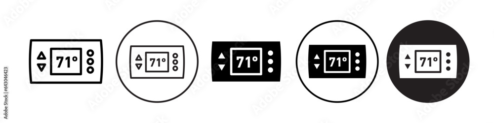 Thermostat icon. Home climate control device with smart touch screen technology symbol. Vector set of temperature maintain house automation equipment. Flat outline of heat or cold weather change fix Thermostat icon. Home climate control device with smart touch screen technology symbol. Vector set of temperature maintain house automation equipment. Flat outline of heat or cold weather change fix