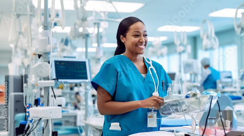 Female doctor or nurse working in the hospital emergency room. Smiling nurse distributing medical supplies on a tray in icu room in hospital. Generative Ai.