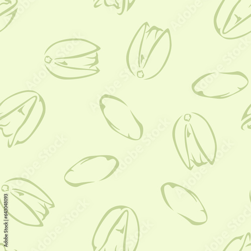 Seamless pattern with pistachios on green background.  Line art vector illustration. Healthy organic food.