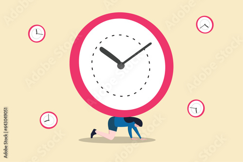Depressed businessman salary man carry heavy big clock burden. concept of Time management failure, freedom to spend time, overworked or office worker routine work overtime