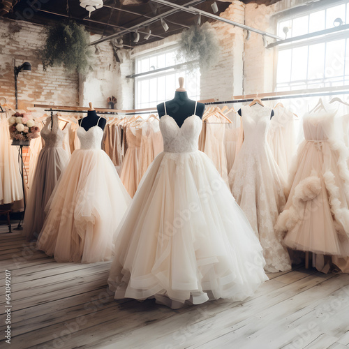 Various bridal dresses on display in a bridal shop. A wedding and fashion concept. Generative ai.  © PixelHD