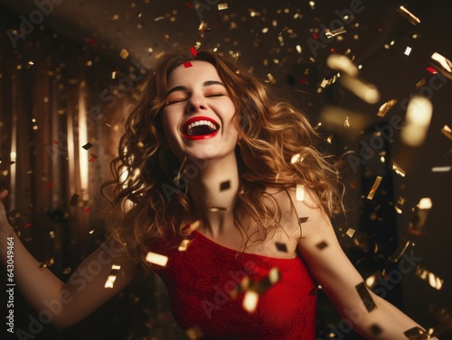 Woman attending a New Year Eve party in an elegant gown photo