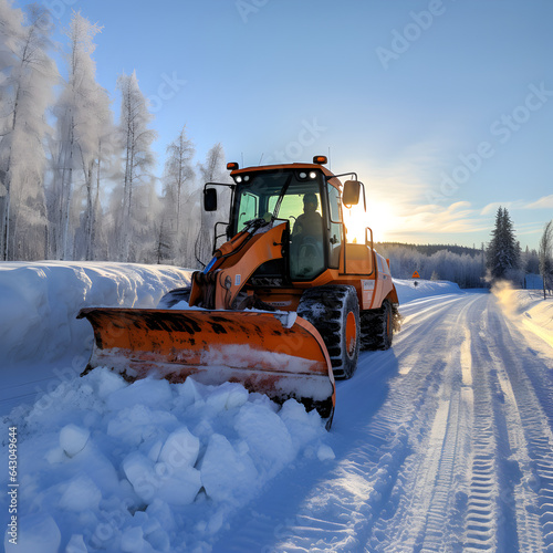 Excavator snow plow removing snow from a winter road. Represents snow removal during the winter months. Generative ai. 
