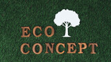 Wooden alphabet arranged in ecological awareness campaign with ECO icon design on biophilia green grass background to promote environmental protection for greener and sustainable future. Gyre