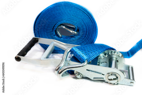 Blue, new  ratchet strap close up shot, isolated on white background.