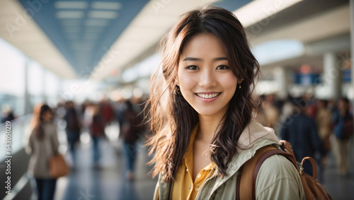 Bellissima ragazza di origini asiatiche in aeroporto con zaino pronta per viaggiare photo