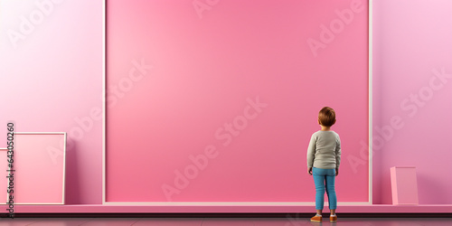 Junges Mädchen Rückenansicht an der leeren Tafel mit Platzhalter in pink im Querformat als Banner, ai generativ