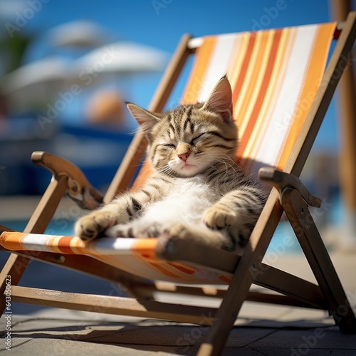 cat,summer,baby cat,sunbating on a lounge chair,cute,little,funny, photo