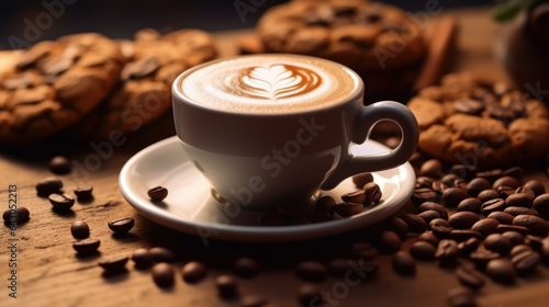 Cup of cappuccino with latte art on wooden background