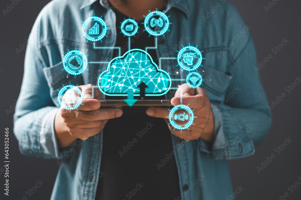 businessman use cloud computing diagram show on hand.Data storage.the use of online digital network technology in business, buying and selling commerce online digital marketplace businessman use cloud computing diagram show on hand.Data storage.the use of online digital network technology in business, buying and selling commerce online digital marketplace