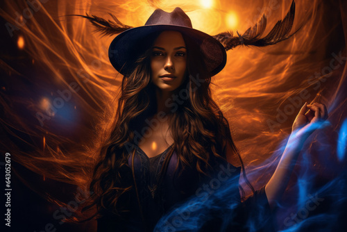 Beautiful witch surrounded by flashes of light, with rays of energy in her hands