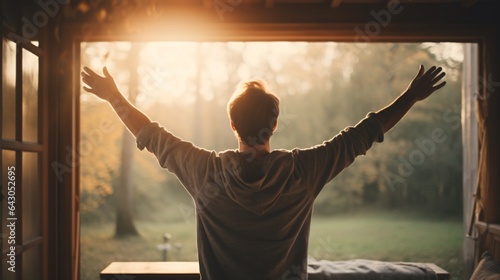 a man with arms out in the morning, in the style of domestic intimacy, split toning, solarizing master, lightbox, back button focus, shaped canvas, schlieren photography photo