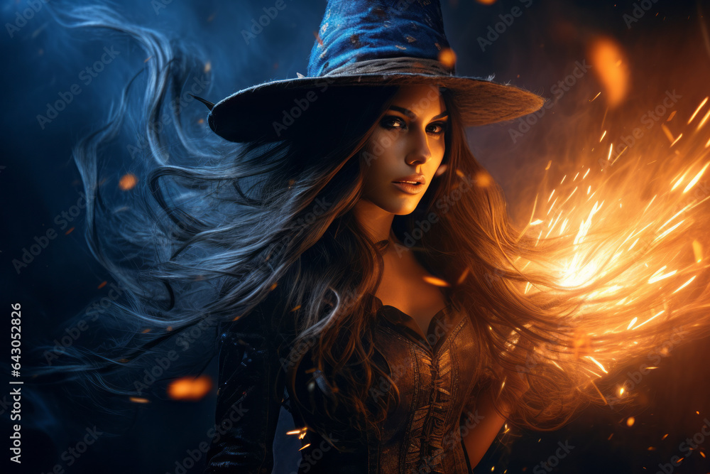 Beautiful witch surrounded by flashes of light, with rays of energy in her hands Beautiful witch surrounded by flashes of light, with rays of energy in her hands