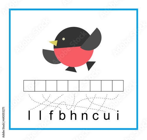 Puzzle game for children. Cartoon bullfinch vector. Read the word.