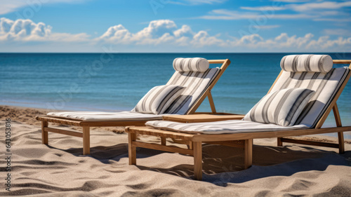 Chairs on the sandy beach near the sea. Summer holiday and vacation concept for tourism.