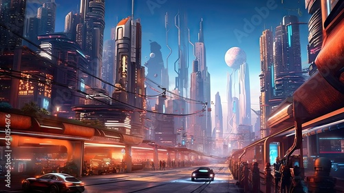 a futuristic city with cars and people walking on the street in front of tall skyscrapers at night stock photo