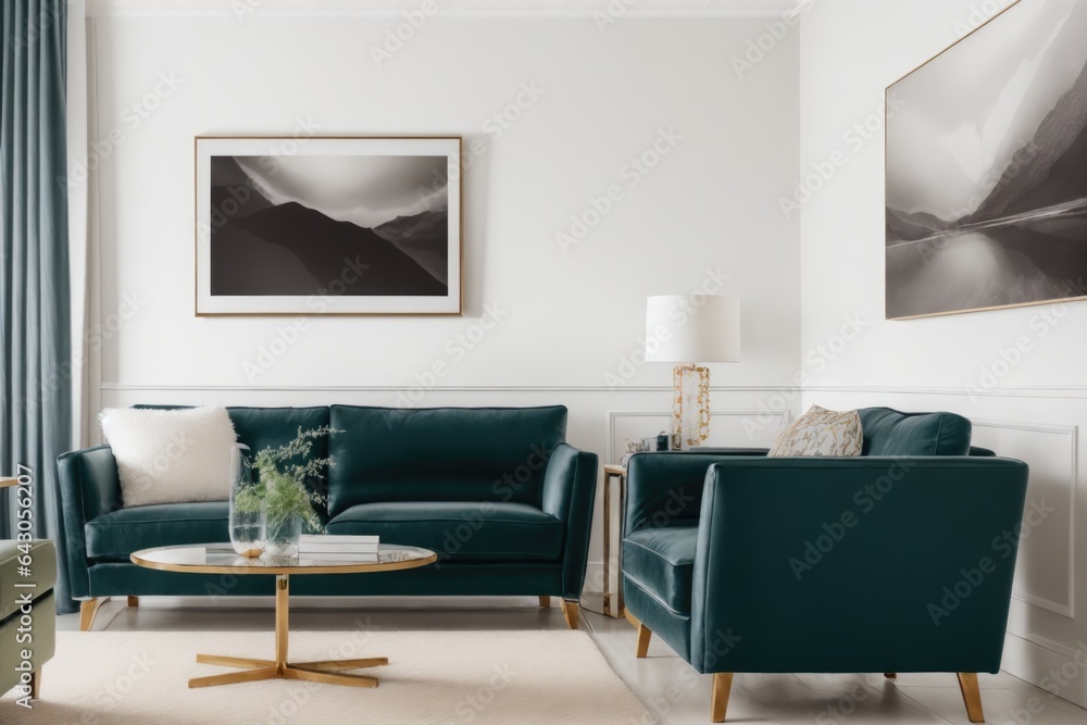 Interior mockup with picture frame on a Wall. Living room with sofa and painting on a wall 3D render. Interior mockup with picture frame on a Wall. Living room with sofa and painting on a wall 3D render.