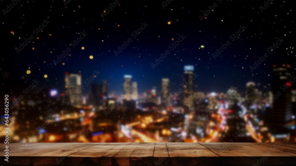 パノラマの夜空と美しい高層ビルの夜景、美しくぼやけた横長の背景。ワイド画像。Generation AI