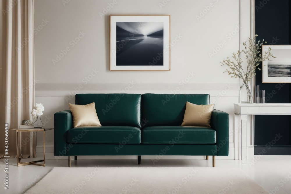 Interior mockup with picture frame on a Wall. Living room with sofa and painting on a wall 3D render. Interior mockup with picture frame on a Wall. Living room with sofa and painting on a wall 3D render.