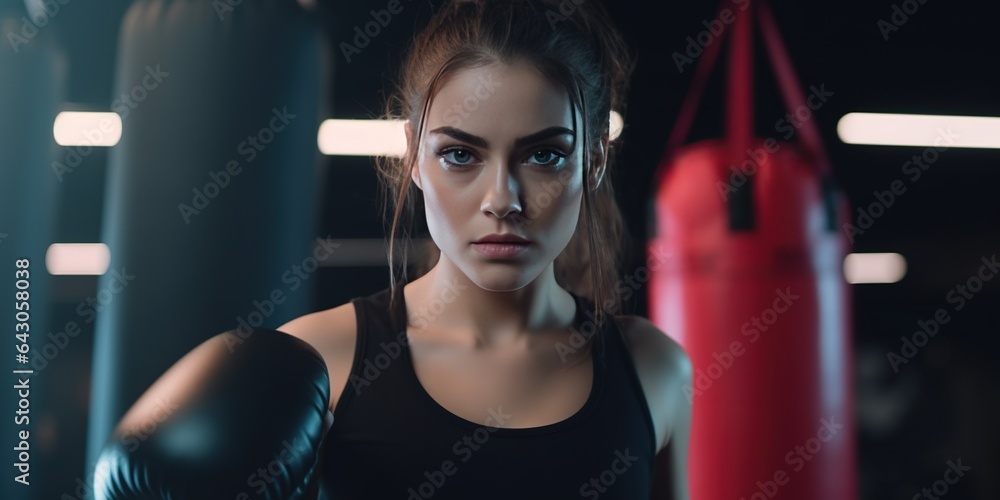 Female boxers, female athletes punch sandbags correctly. female fitness boxing training in the gym Female boxers, female athletes punch sandbags correctly. female fitness boxing training in the gym