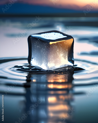 Glittering ice cube above water