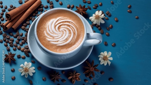 Cup of coffee with latte art and coffee beans on blue background