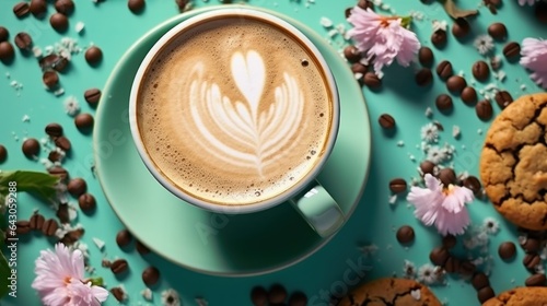 Cup of coffee with latte art on turquoise background. Background with a Copy Space.