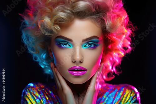 Neon Dreams: Fashion model woman in colorful bright lights with trendy makeup and manicure posing in studio. 