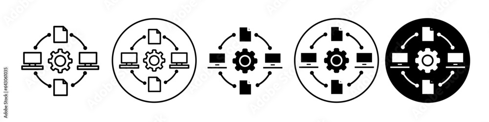 Data share icon. Online file folder transfer network system symbol. Vector set of document sending cloud service. Flat outline of computer database server management interface synchronization software Data share icon. Online file folder transfer network system symbol. Vector set of document sending cloud service. Flat outline of computer database server management interface synchronization software