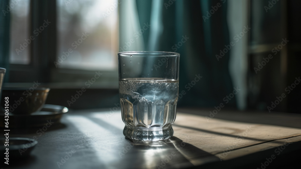 A glass of pure fresh water is poured into a glass, the background bedroom, nature, from which the fresh and pure water. Concept: nature, purification, freshness. A glass of pure fresh water is poured into a glass, the background bedroom, nature, from which the fresh and pure water. Concept: nature, purification, freshness.