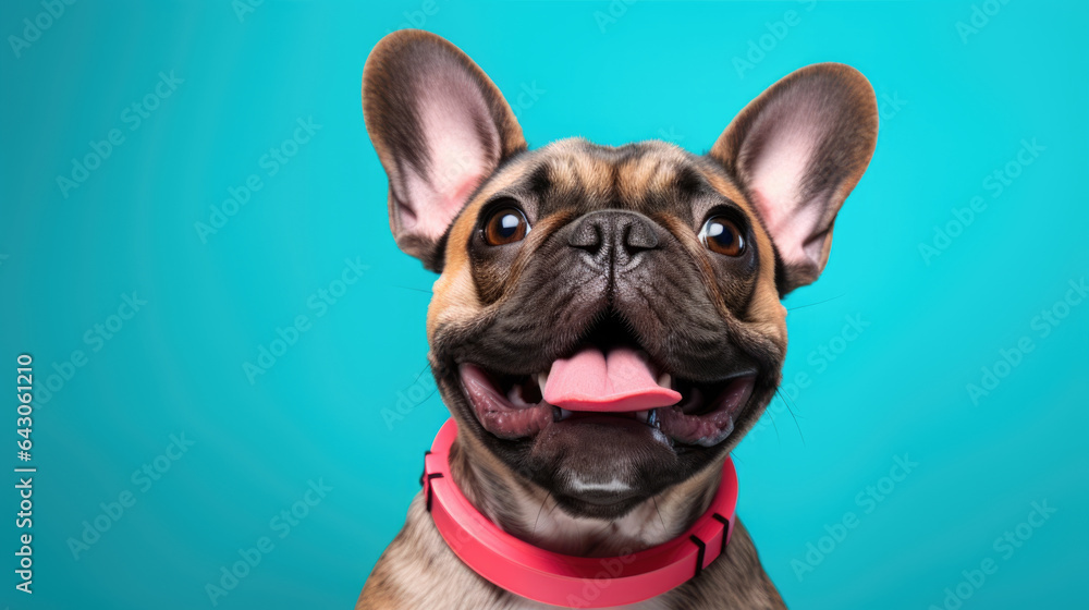 Happy smiling dog isolated on blue background.