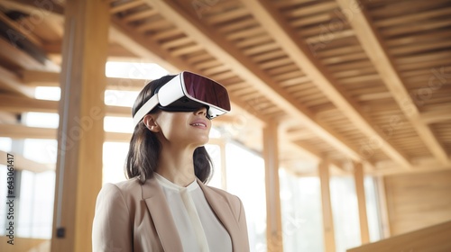Woman looks through VR glasses