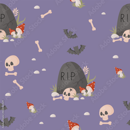 Scary Halloween. Seamless pattern with cemetery headstone with skull, bones and fly agaric on purple background. Vector illustration with cartoon style .
