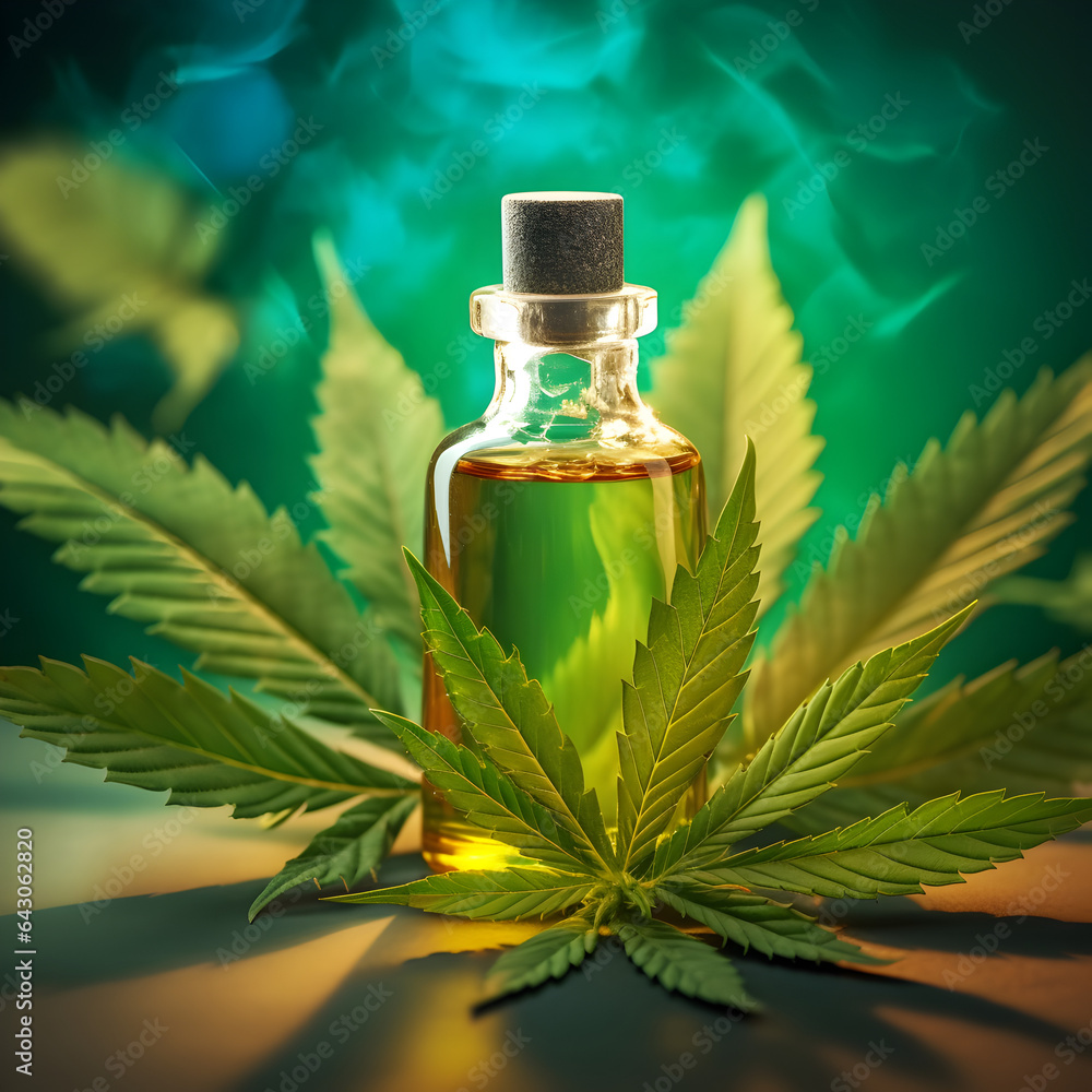 CBD hemp oil in a bottle with Marijuana leaves. A concept of health through cannabis. Generative ai. CBD hemp oil in a bottle with Marijuana leaves. A concept of health through cannabis. Generative ai.