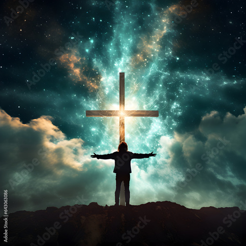 Person in front of a Cross with arms outstretched at night with stars and the milky way galaxy in the background.  A Jesus Christ Christianity crucifix religion concept. Generative ai. 