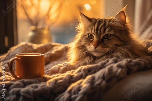 Enjoying coffee with Furry Feline Companion, Generative Ai