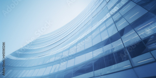 Futuristic design in 3D: Curved glass windows on a towering office building.