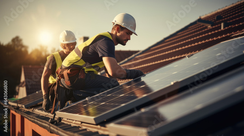 Group of workers install solar panels on top of a building