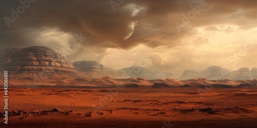 Landscape of the Alien Planet, Mars Surface, Panorama Photography. Generative AI