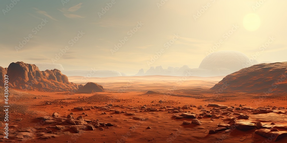 Landscape of the Alien Planet, Mars Surface, Panorama Photography. Generative AI