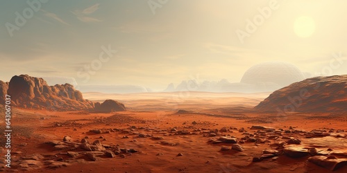 Landscape of the Alien Planet, Mars Surface, Panorama Photography. Generative AI